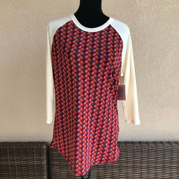 LuLaRoe Randy Baseball Tee Top Basketweave Burgundy Cream Gold‎ Teal Large - Picture 6 of 6
